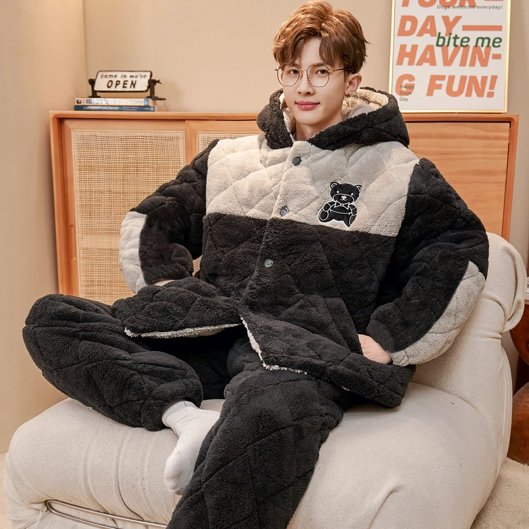 男士睡衣冬季珊瑚绒三层夹棉加厚加绒男款青少年2025年保暖家居服