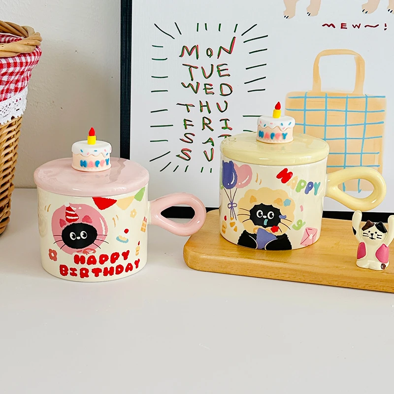 杯子猫咪生日蛋糕杯陶瓷杯马克杯带盖家用水杯早餐杯喝水杯办公室