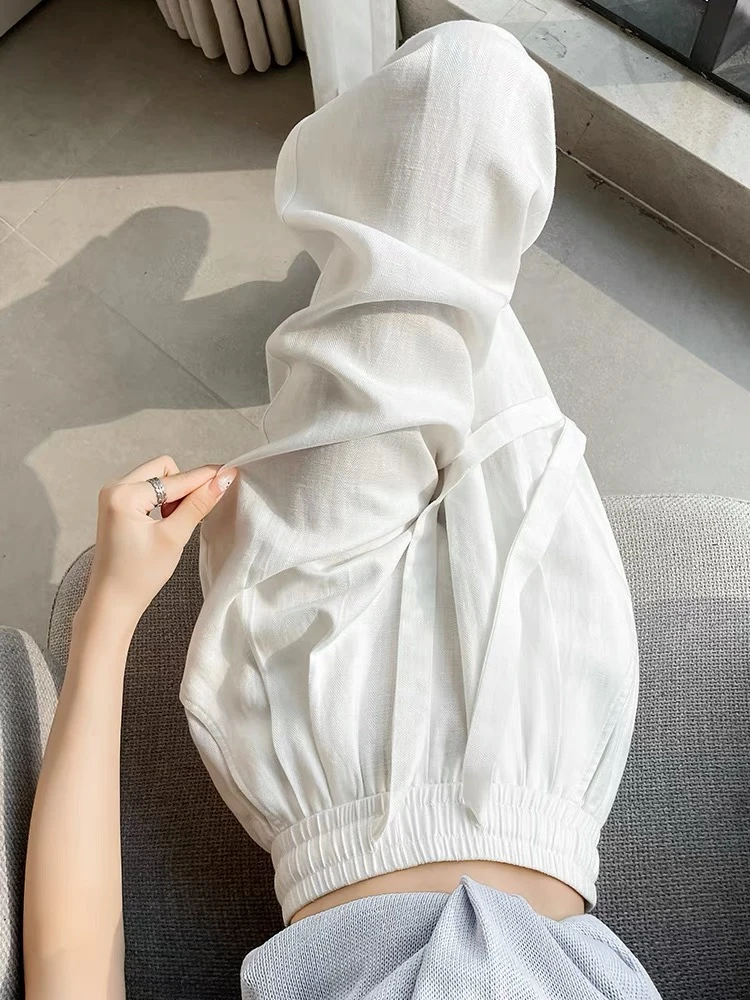 白色亚麻窄版阔腿裤女2025夏季新款薄款垂感休闲人字纹棉麻直筒裤