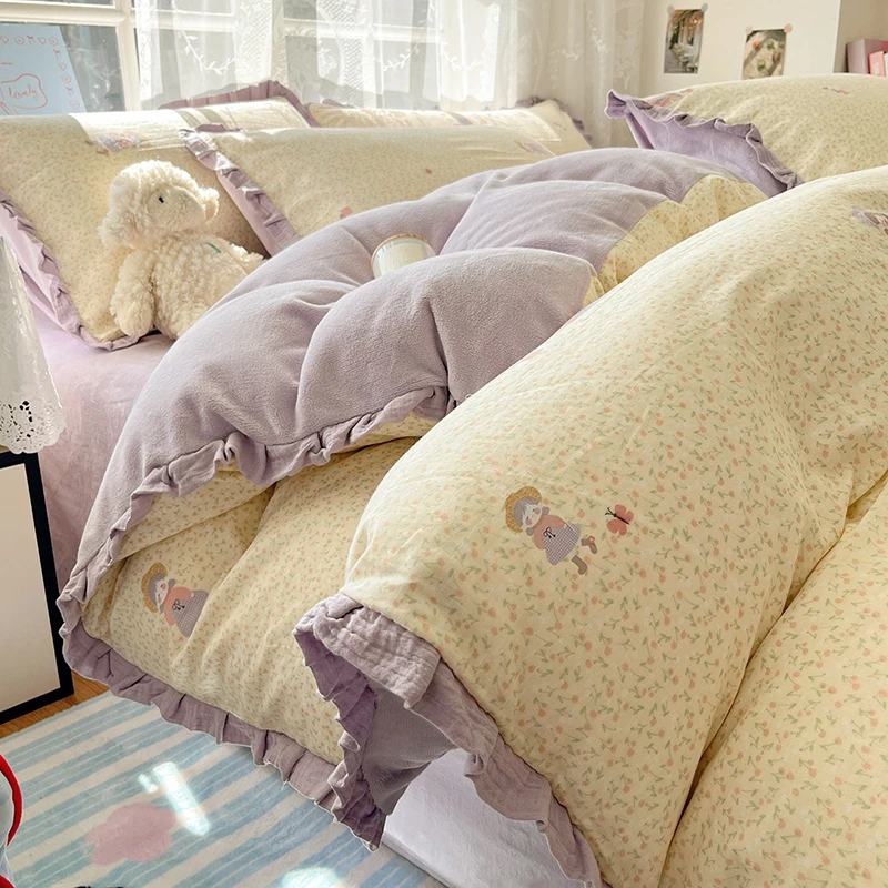 A类韩版花边款蝴蝶女孩AB面纯棉双层纱牛奶绒四件套被套床单床笠