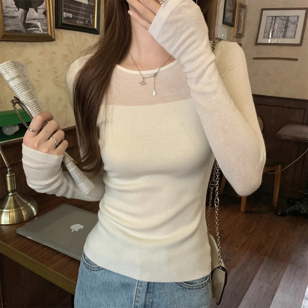 实拍实价早秋新款修身拼接透视纯欲气质薄款显瘦织衫长袖打底上衣