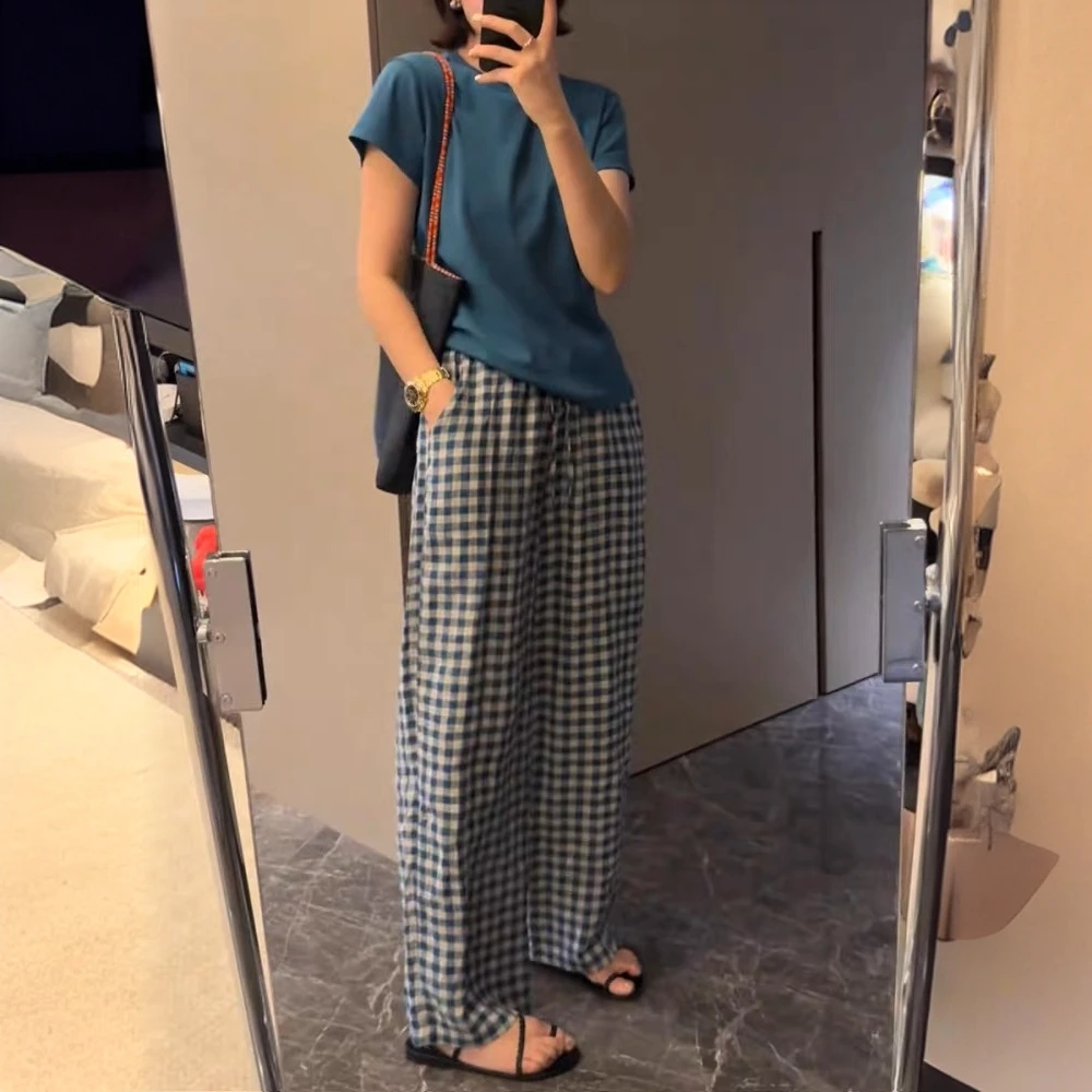 蓝色格子棉麻休闲阔腿裤女2025夏季薄款高腰宽松显瘦直筒拖地裤子