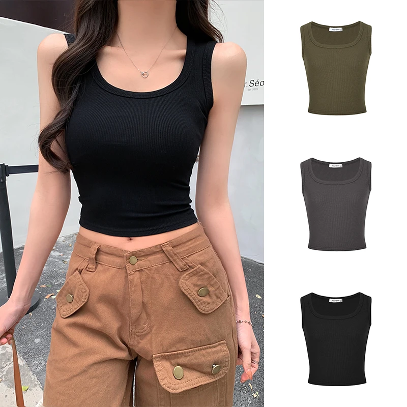 MosesQueen/魔西女王黑色吊带背心女修身显瘦甜辣妹无袖短款上衣