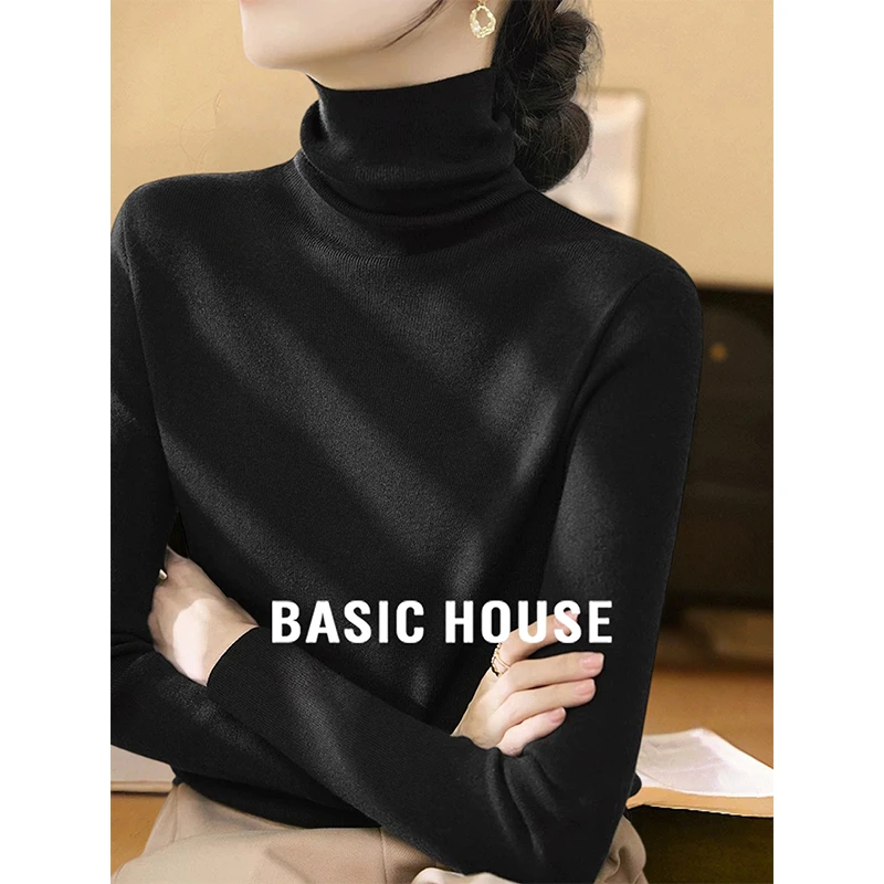 Basic House/百家好黑色高领长袖针织衫修身内搭打底衫女2025秋冬