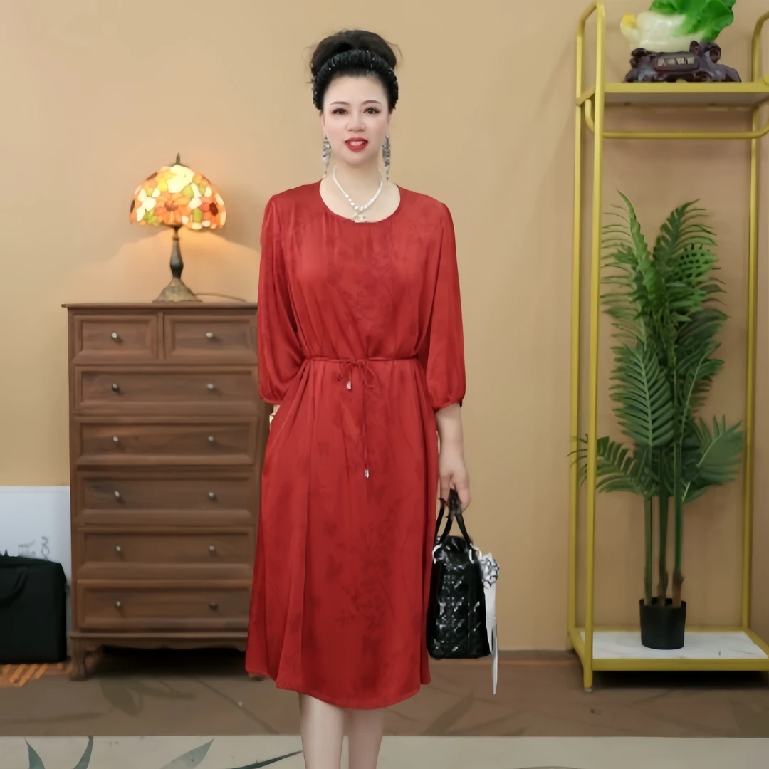 2637  夏季重磅竹碟暗纹提花国风圆领气质系带女装连衣裙