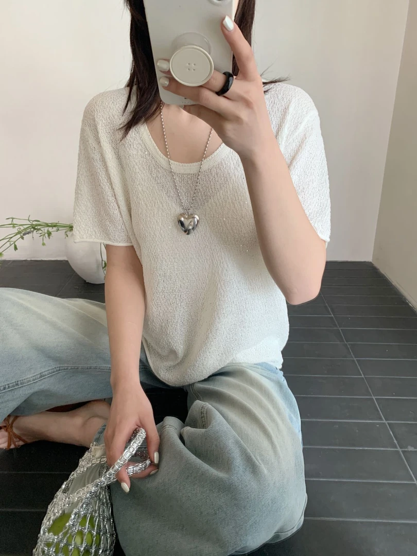 【素简.500113】春款上新亚麻珠片纱U领短袖女装上新混纺针织衫