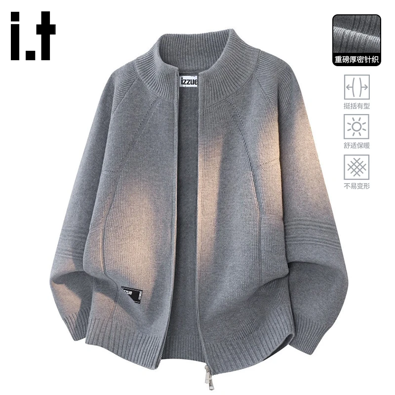 i.t izzue美式重磅毛衣外套秋冬潮牌廓形痞帅保暖半高领针织开衫B