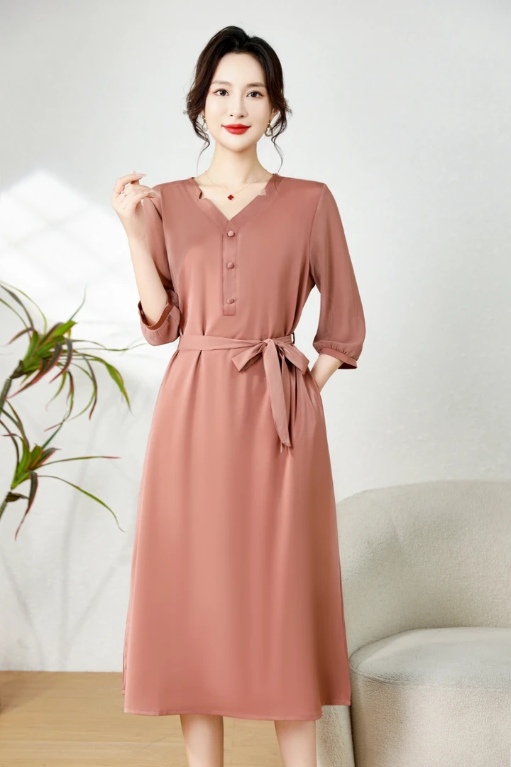 樱花粉气质修身时尚休闲夏季高端大码妈妈装连衣裙