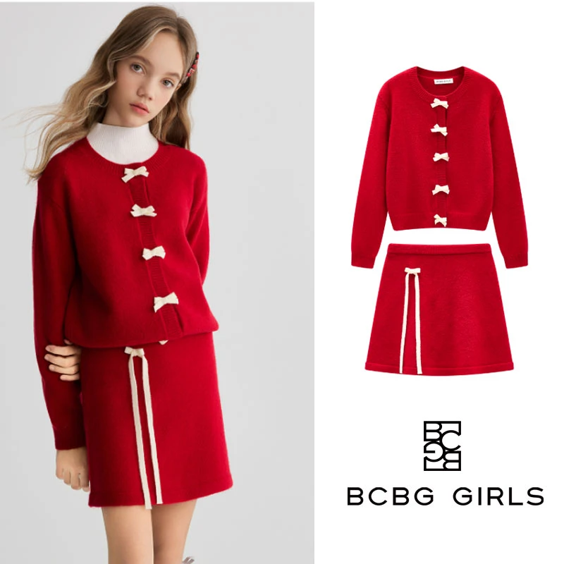 BCBG GIRLS童装新中式红色针织套装女童秋冬千金风蝴蝶结装饰套装