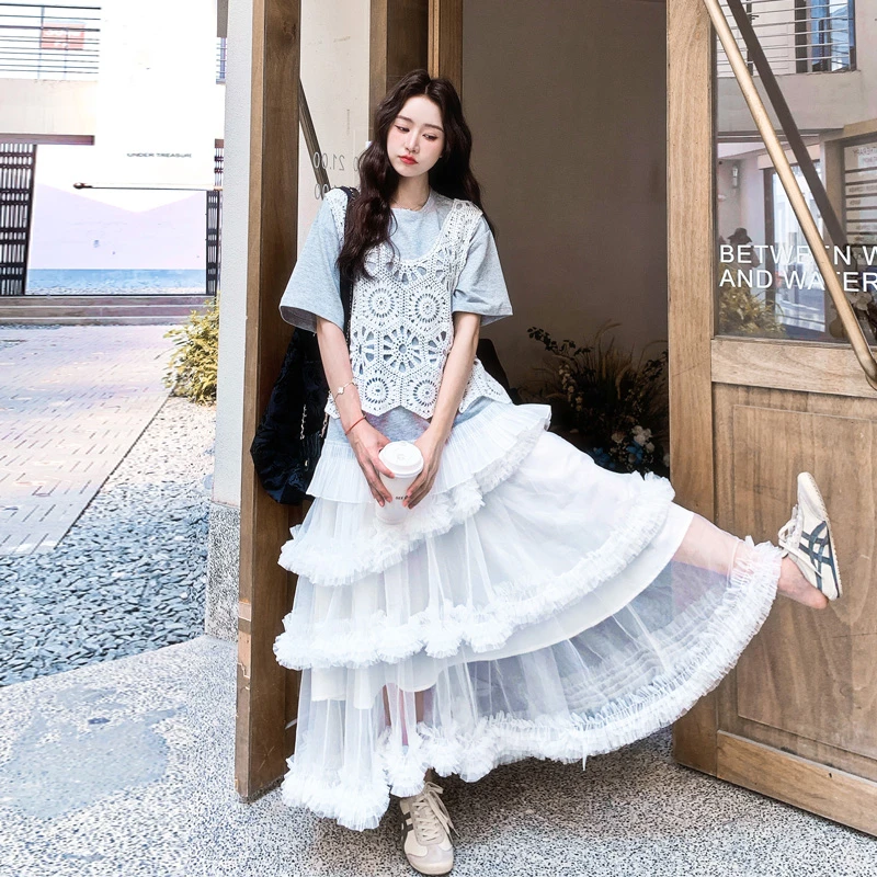 韩系甜美风套装裙女2025夏季新款镂空罩衫T恤网纱蛋糕裙三件套潮