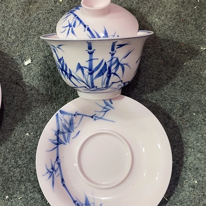 摆件陶红稀土竹报平安元宝盖碗