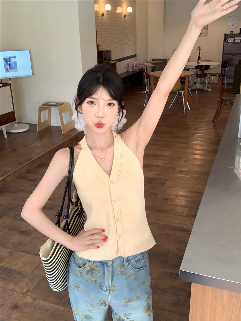 【NYPP】韩版修身V领挂脖针织吊带背心+高腰阔腿印花牛仔长裤套装