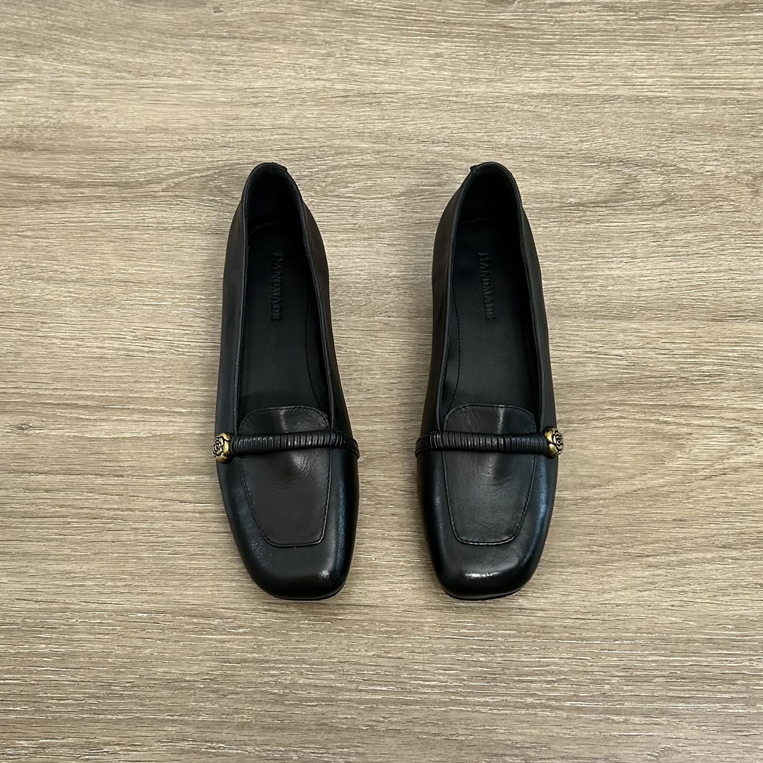 Dannyfrey时尚通勤百搭复古山茶花编织舒适手工头层牛皮女鞋3.5CM