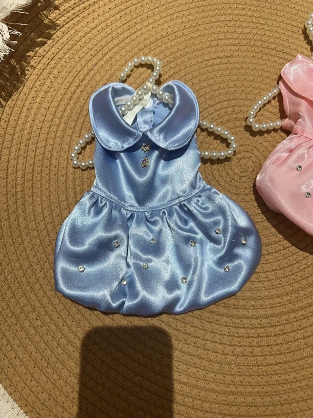 宠物蓝色纺缎面娃娃领连体公主裙衣服狗狗猫咪服装