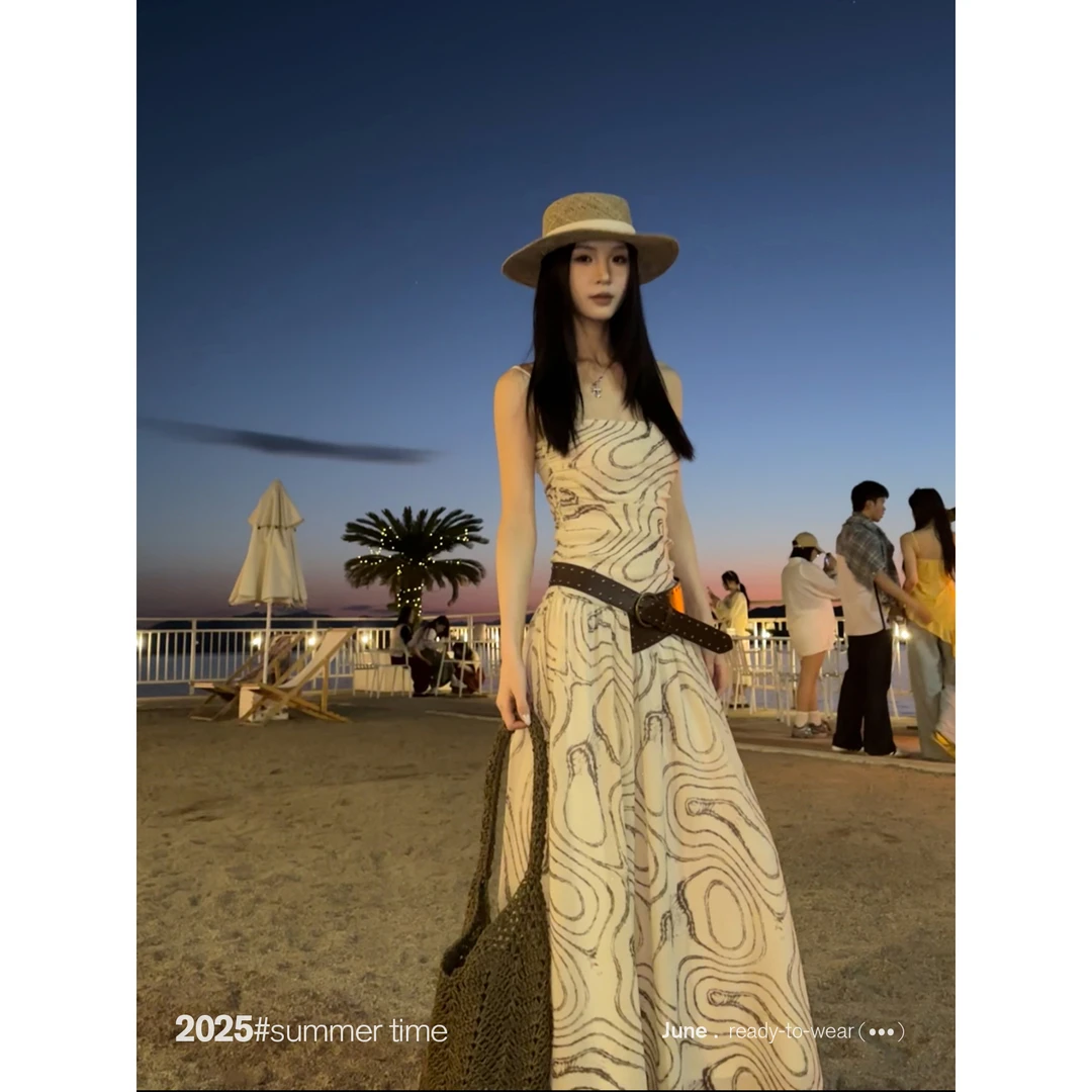 SUNONEONE 抹胸褶皱连衣裙女夏季法式气质显瘦长款收腰裙子D0124Q