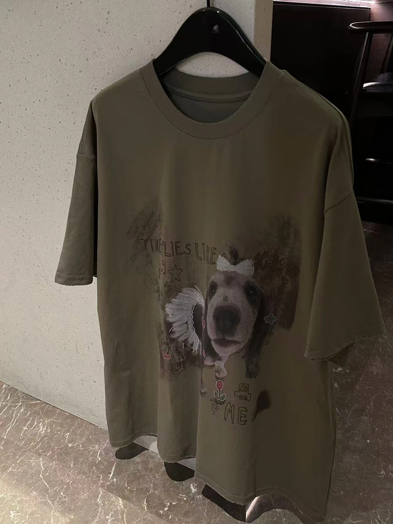 温柔瑶-南油T#“爱宠自拍”创意小狗照片印花圆领短袖#148