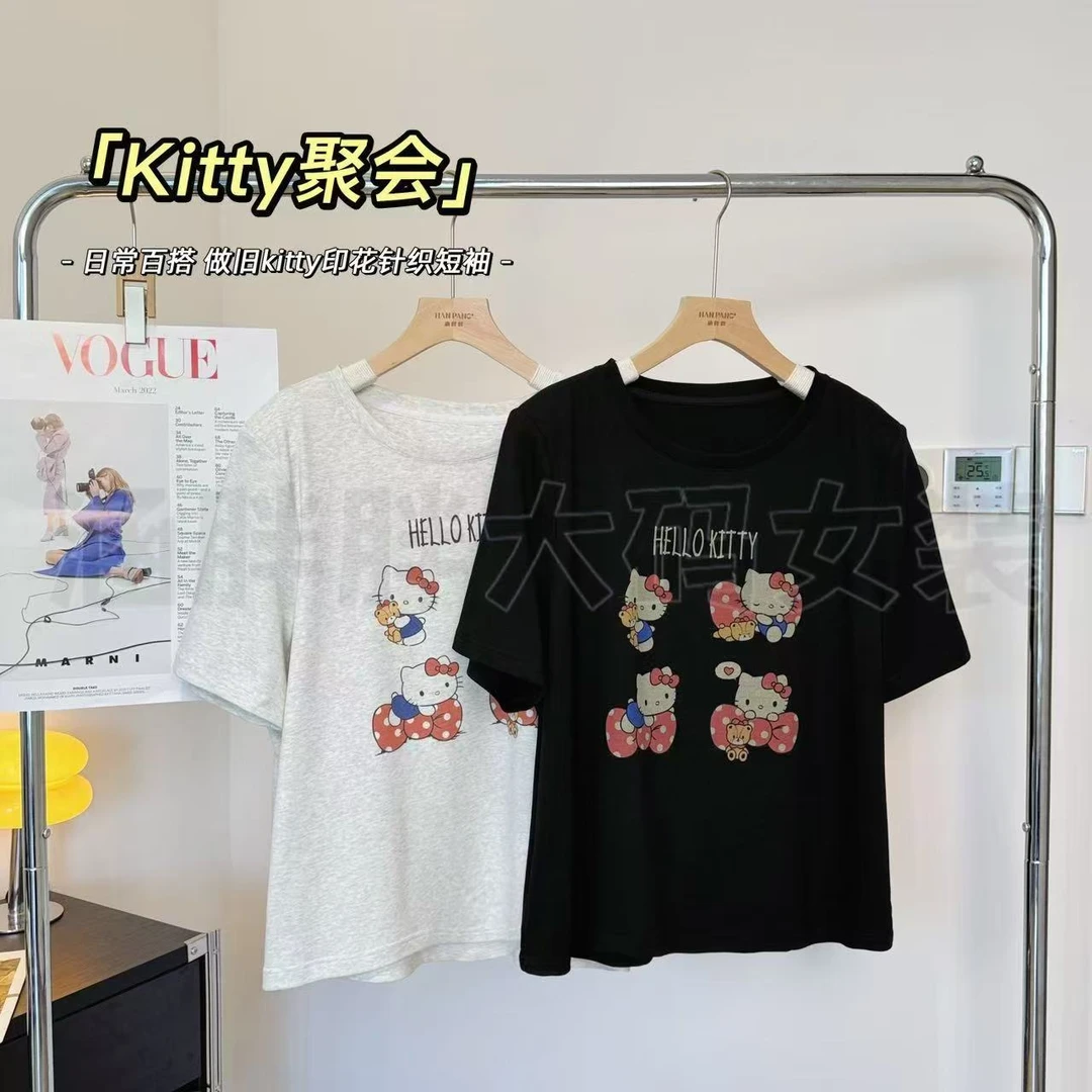 【涵胖胖】kiitty聚会~日常白搭 做旧kitty印花针织短袖XZ2539