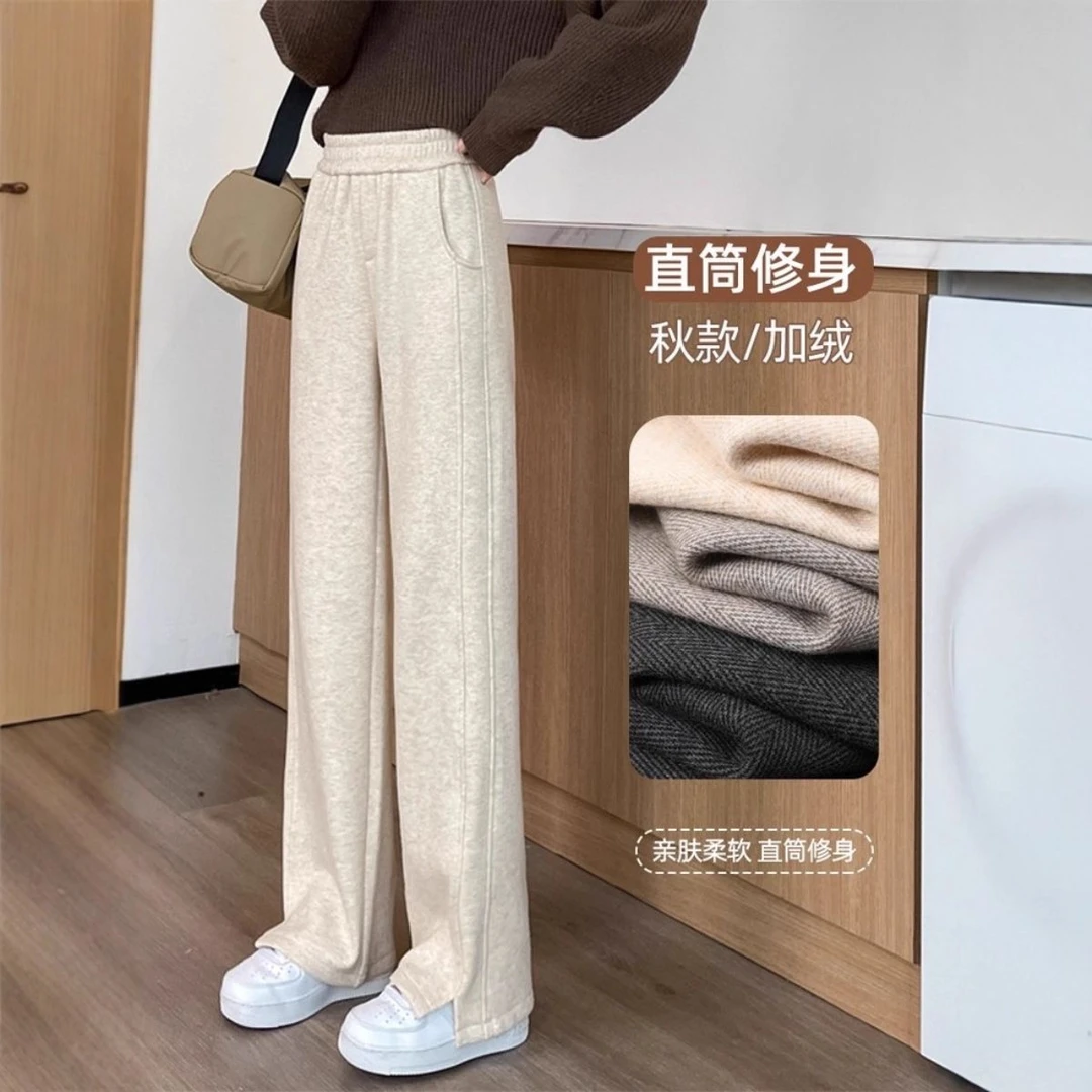 啄木鸟毛呢阔腿裤秋冬新款高腰加绒裤子冬季休闲裤加厚开叉香蕉裤