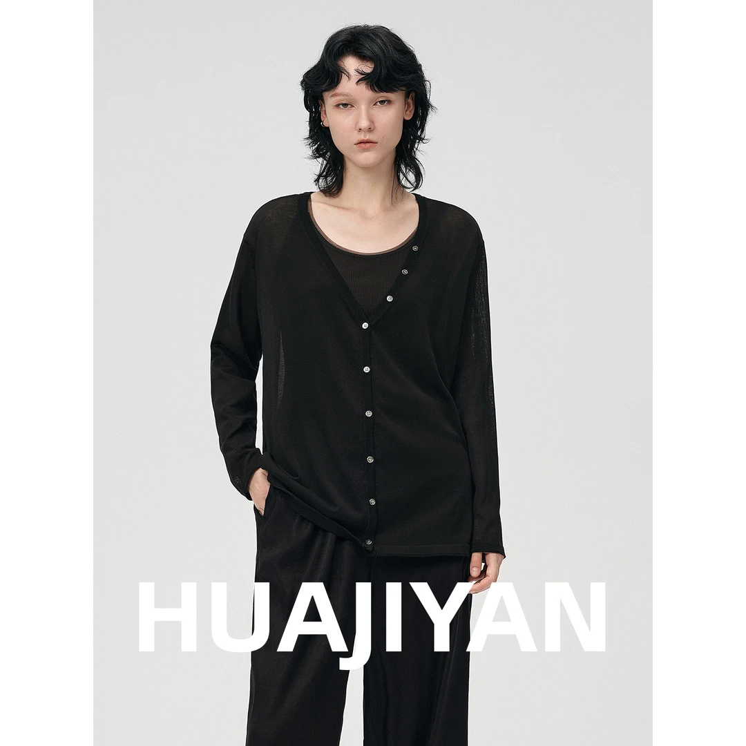 华吉言/HUAJIYAN【黑砂】三醋酸棉混纺单排扣V领长袖上衣