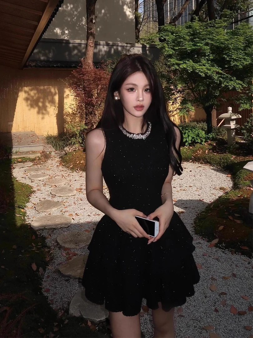 名媛短裙蕾丝公主收腰晚礼服夏季连衣裙春夏女款高级感细闪小黑裙