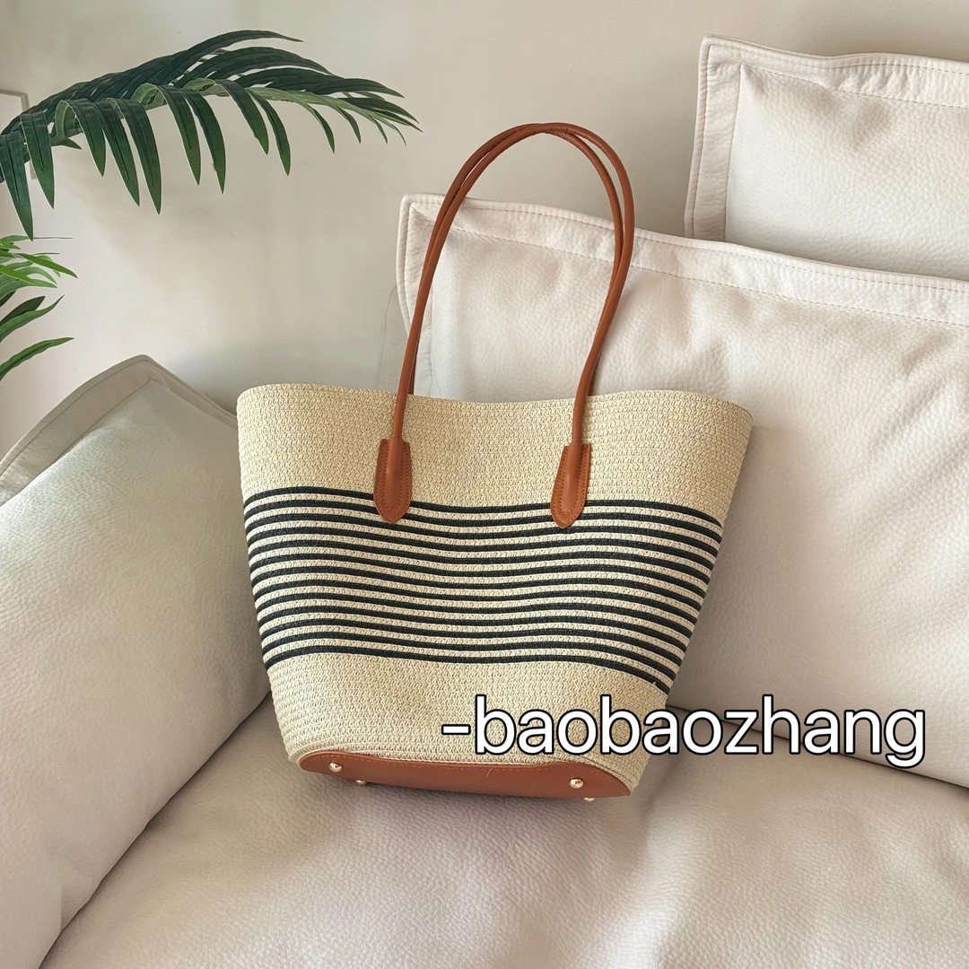 氛围感草编包新款2025夏天度假沙滩风编织条纹托特包