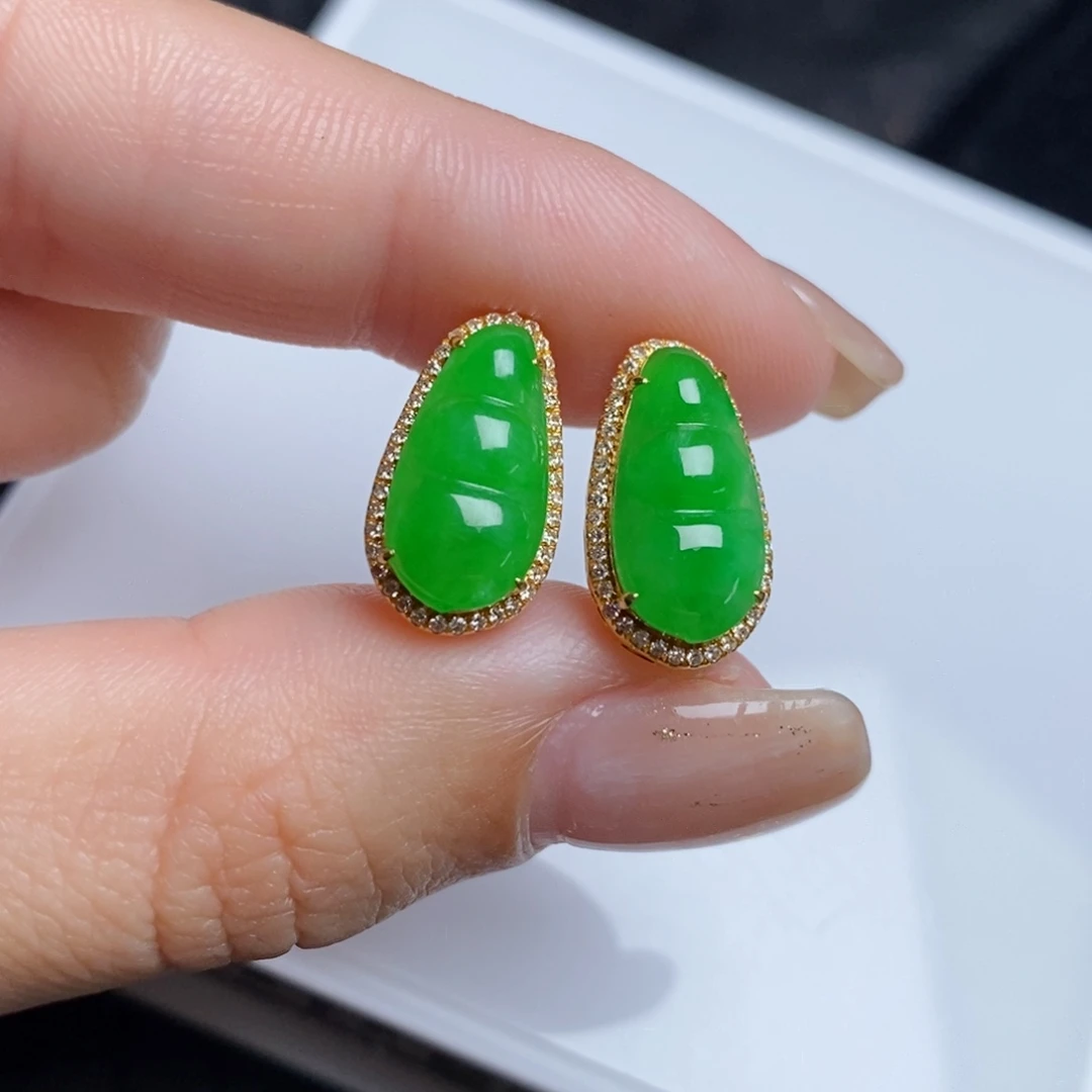 翡翠18K金镶嵌耳饰福豆耳包