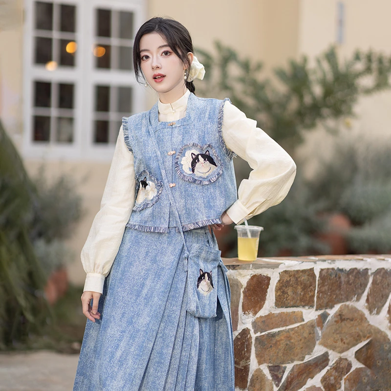 池夏【万物有灵:喵哉妙哉】猫咪绣花比甲天丝衬衫马面裙原创汉服