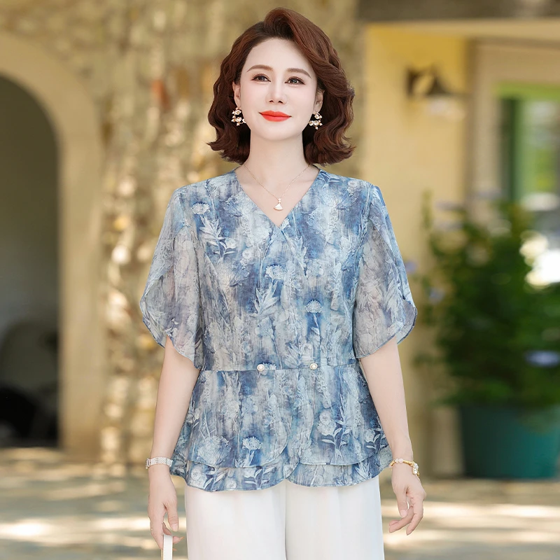 高端夏季洋气小衫母亲节妈妈新款气质短袖爆款超仙气质国风套装