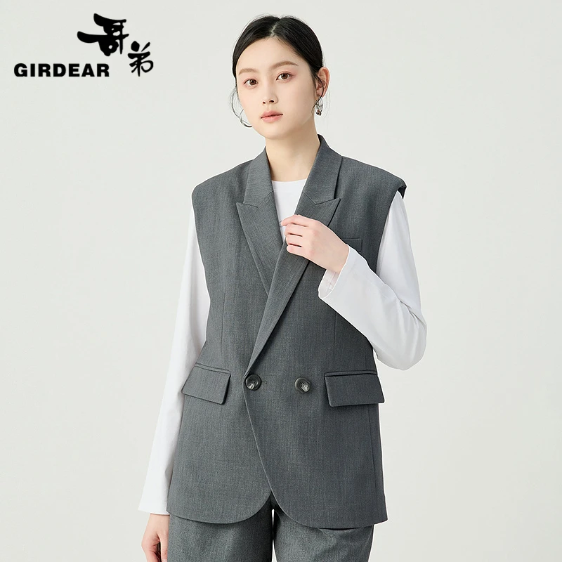 哥弟 时尚百搭气质休闲显瘦春秋宽松垫肩西装无袖马甲外套1400578