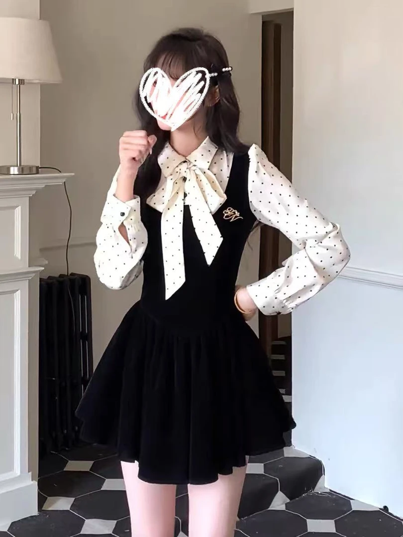 法式防晒衬衫袖千金风波点假两件连衣裙娃娃领收腰学院风