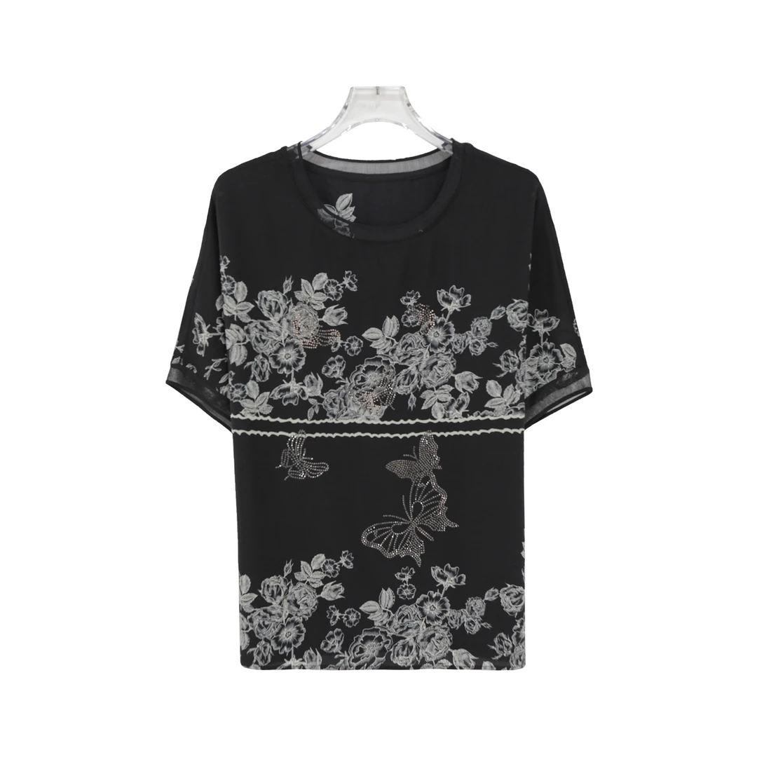 X26418【精致闪耀】圆领镂空设计感宽松慵懒风休闲短袖t恤4C