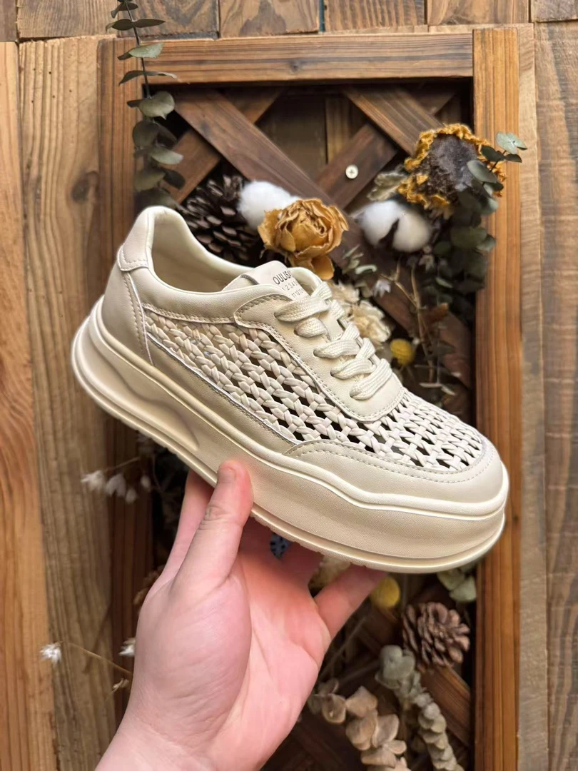 Oulisasi编织网面鞋女2025夏季厚底镂空系带透气舒适百搭轻便女鞋