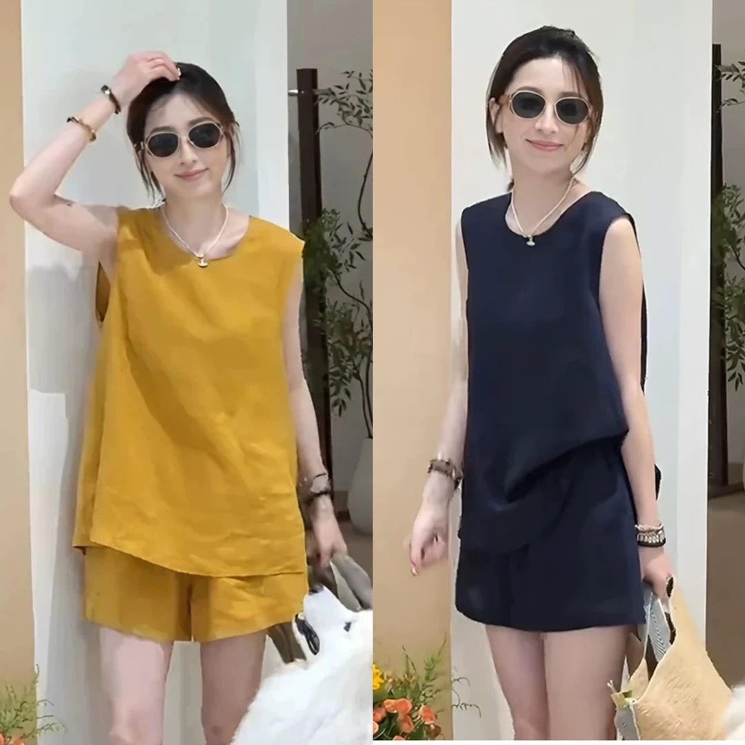 韩系休闲百搭后背绑带背心上衣高腰短裤显瘦舒适时尚设计感两件套