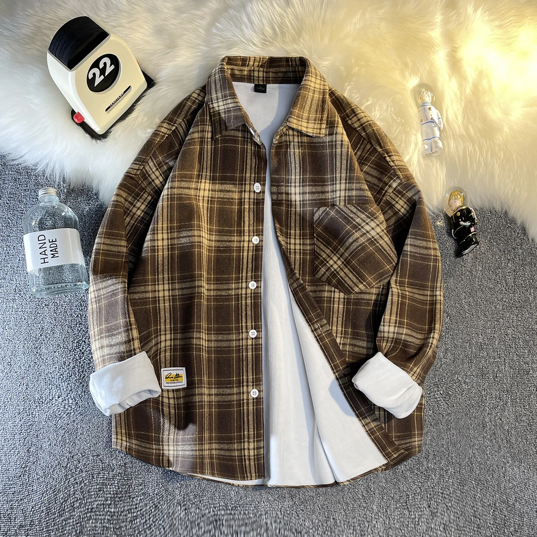 美式复古加绒格子衬衫厚外套男春秋宽松百搭保暖衬衣休闲韩版长袖