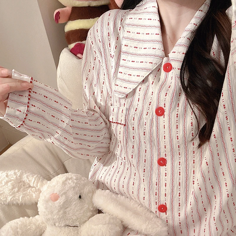 尖尖领红边可外穿睡衣女春秋长袖2025年新款日系ins风条纹家居服