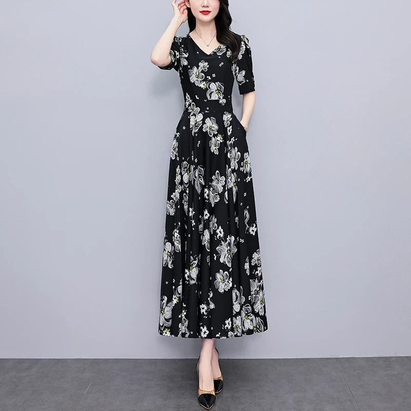 有口袋高档碎花真丝连衣裙2025新款女夏长款修身显瘦洋气质长裙子