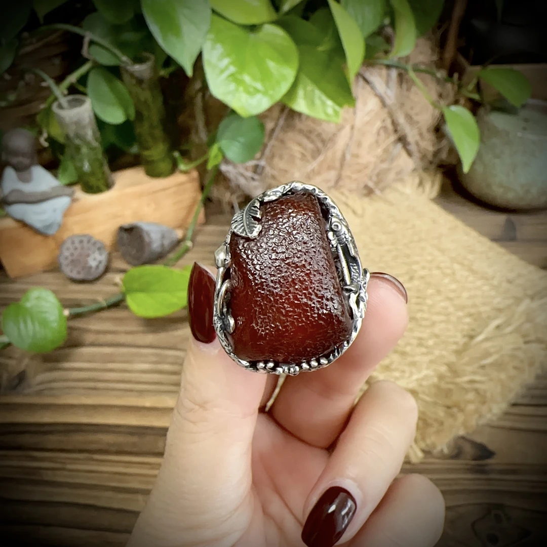【古香古色】复古s925银蜜蜡琥珀戒指（圈口可调节）