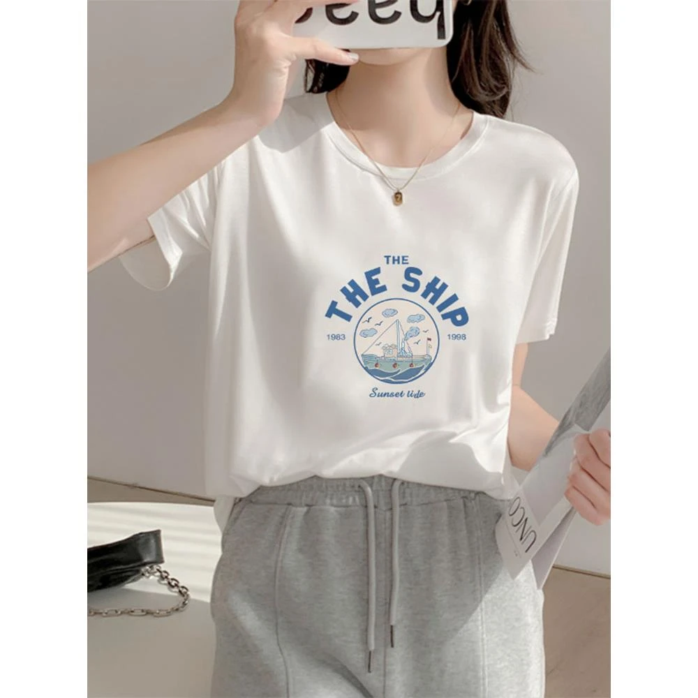 夏季短袖常规款平口下摆T恤女白色百搭韩版休闲上衣女体恤睡衣女