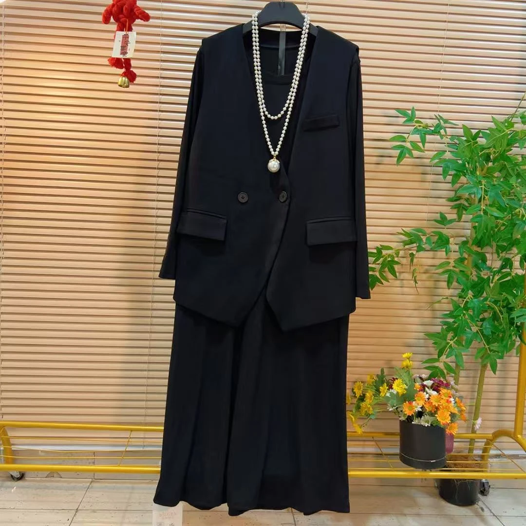 黑色中长西服马甲+连衣裙胖YY2025秋季新款韩系时尚显瘦通勤套装