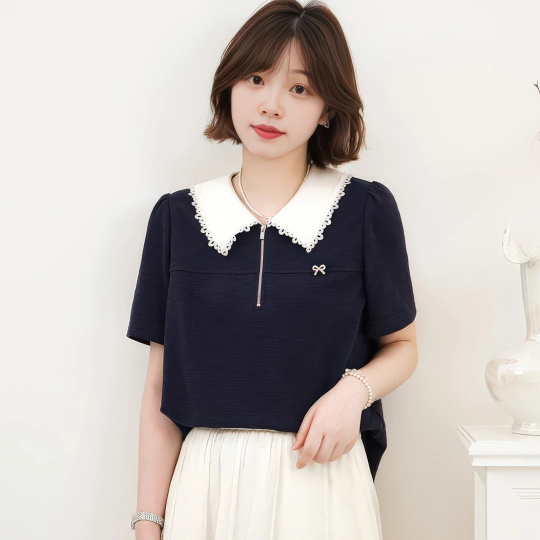 时尚重工撞色拉链短袖T恤女2025夏季大码胖MM显瘦减龄polo领上衣