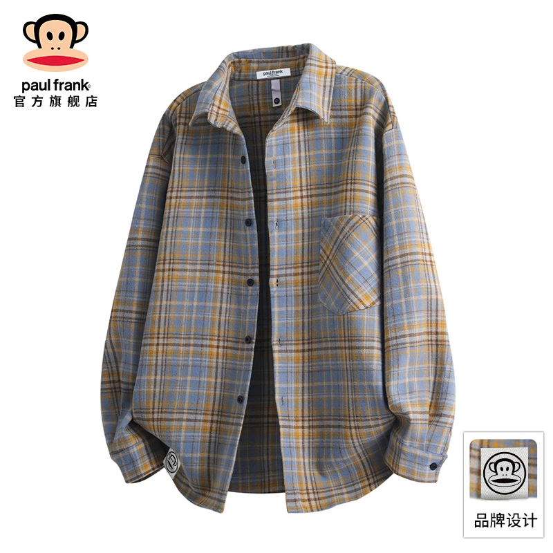 PaulFrank/大嘴猴2025秋季新款长袖格子衬衫男士宽松休闲上衣外套