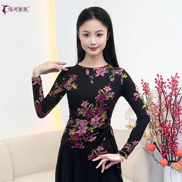 古典舞形体练功服秋冬新款圆领不规则系带印花上衣现代舞广场舞服