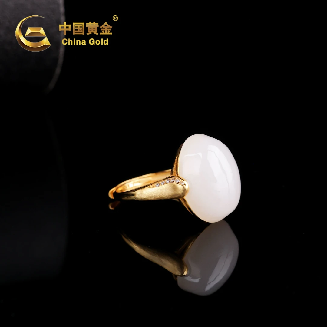 【中国黄金】S925银和田玉白玉蛋面戒指-J1506-【北】