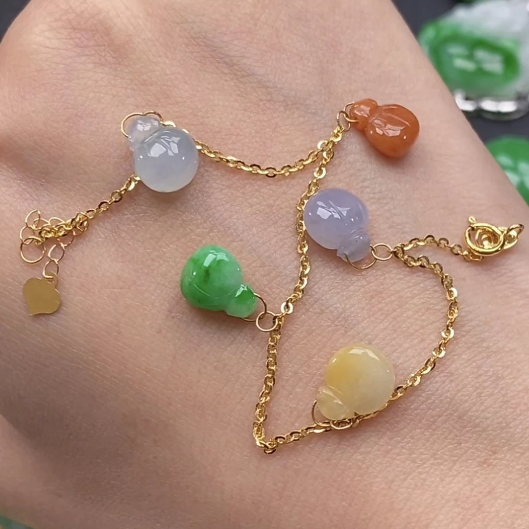 缅甸翡翠A货18k金镶嵌手链钱袋子