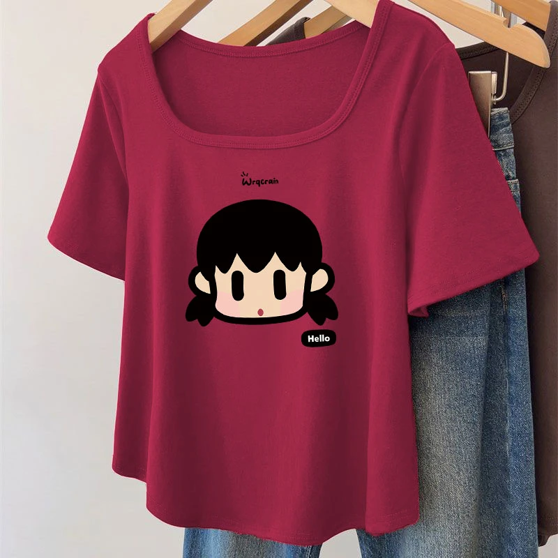 方领纯棉短袖t恤女2025新款夏季设计感小众印花不规则宽松上衣潮