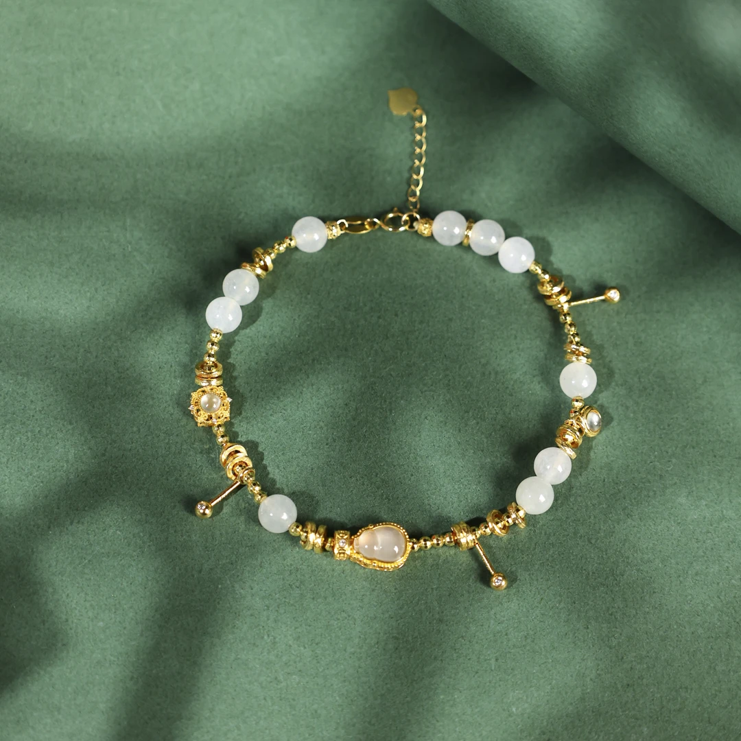 【名珏珠宝】18k金天然翡翠缅料白冰圆珠葫芦手链-S2761-福