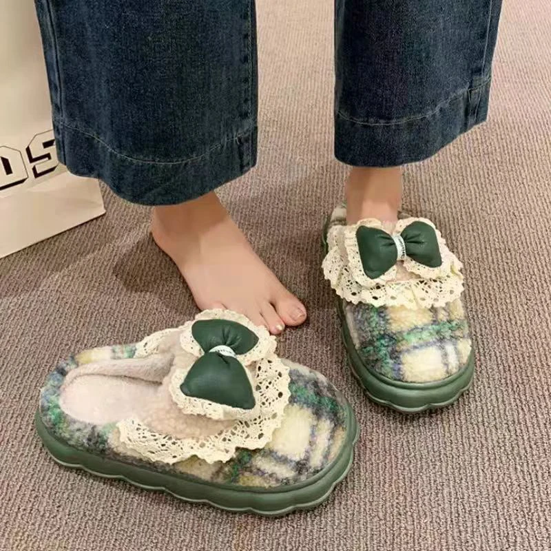 女士厚底增高毛绒蝴蝶结加厚保暖防滑冬季棉拖鞋居家外穿
