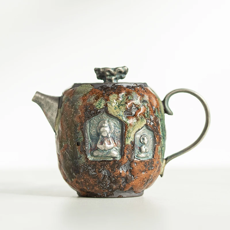 颜掌柜原矿釉复古风敦煌茶壶鎏银茶壶办公室家用轻奢手工功夫茶具