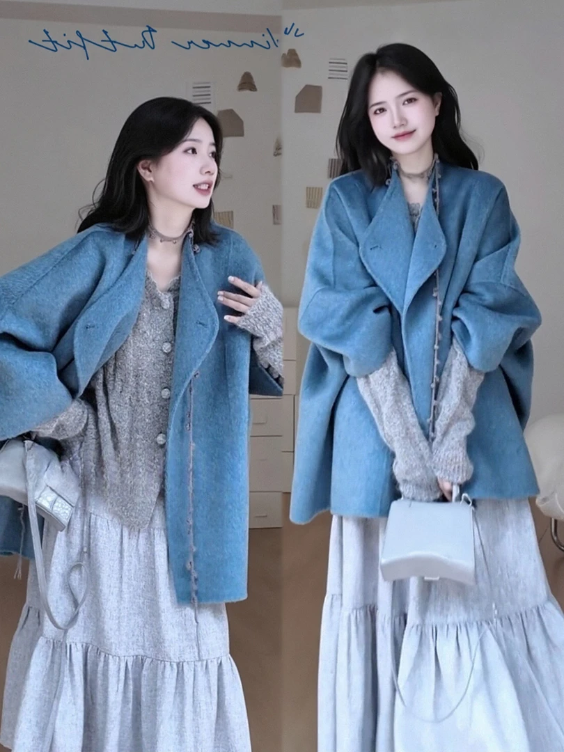 巨好看的秋冬一整套装韩系纯欲温柔风蓝色毛呢大衣针织开衫半身裙