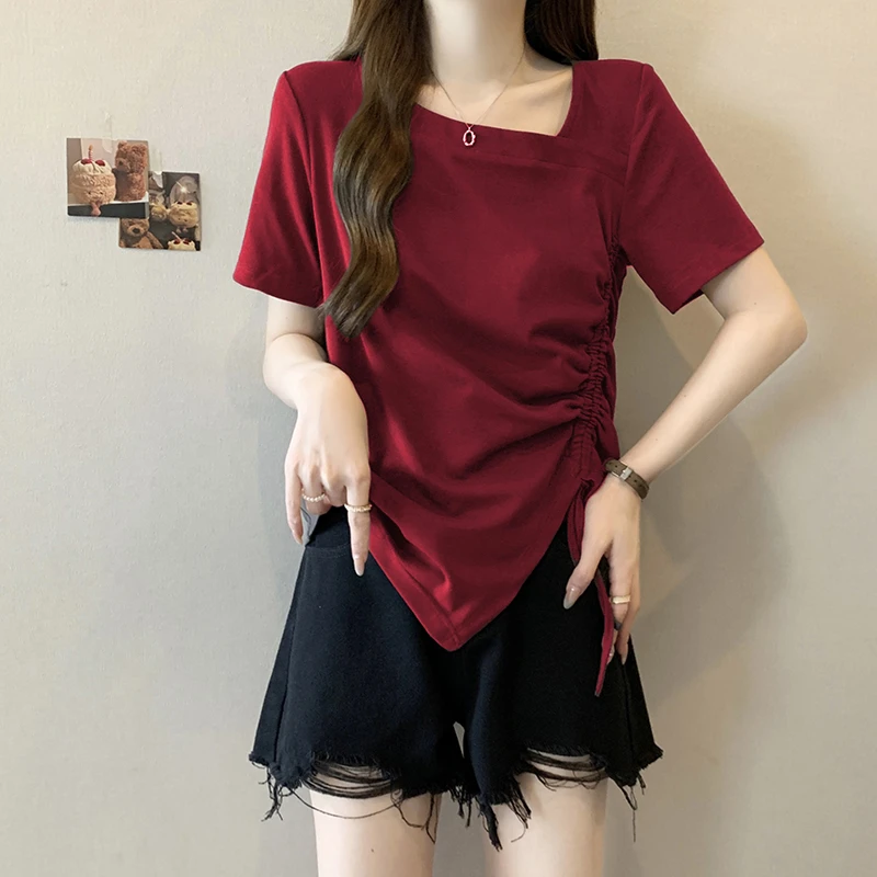 夏装新款大码女气质显瘦设计感遮肉遮肚不对称短袖洋气T恤A0827